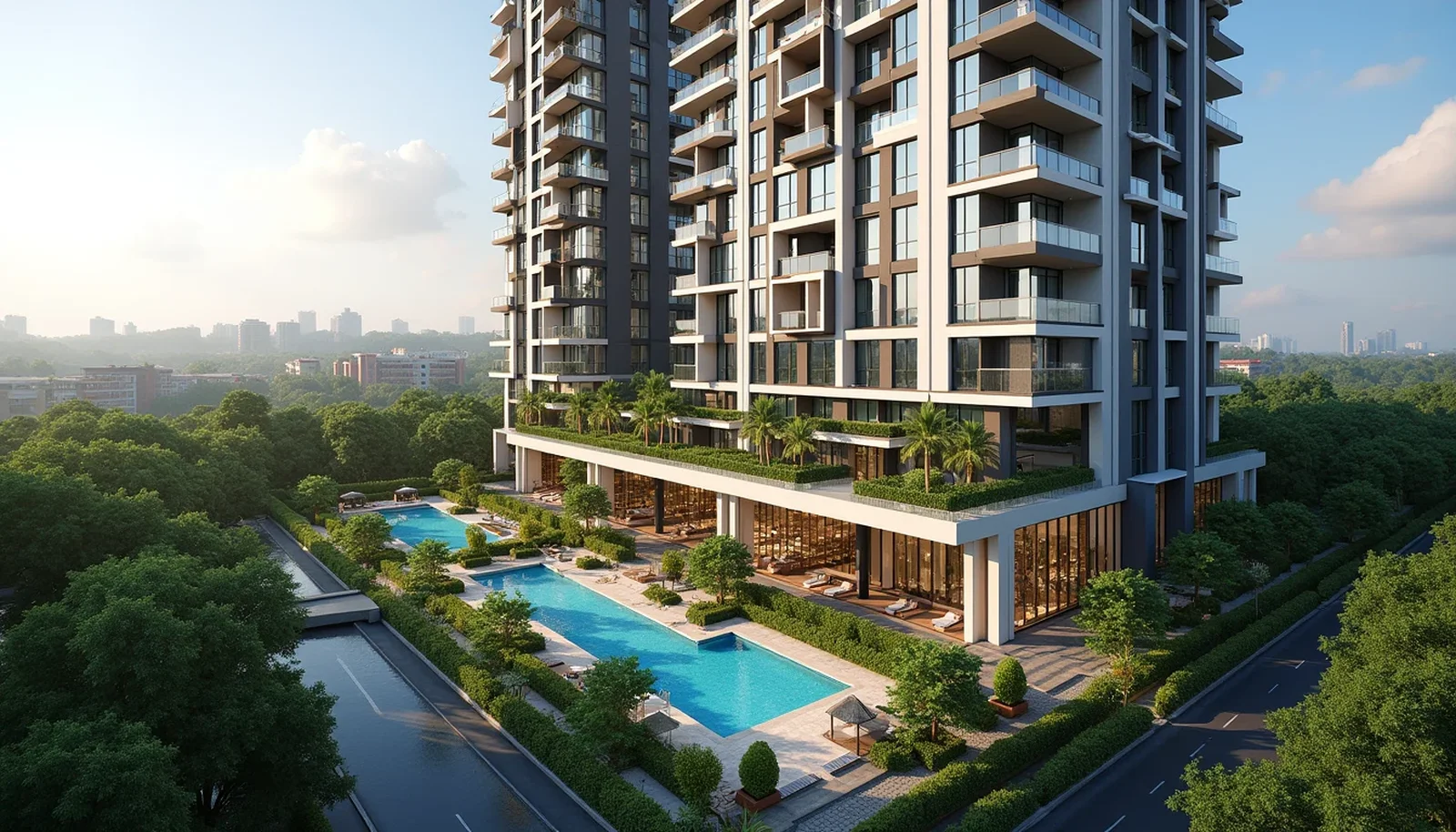 Architectural concept rendering of One Chuan Grove residential towers with landscaped pool decks